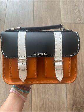 GRAFEA Leather Satchel in Black, White & Orange